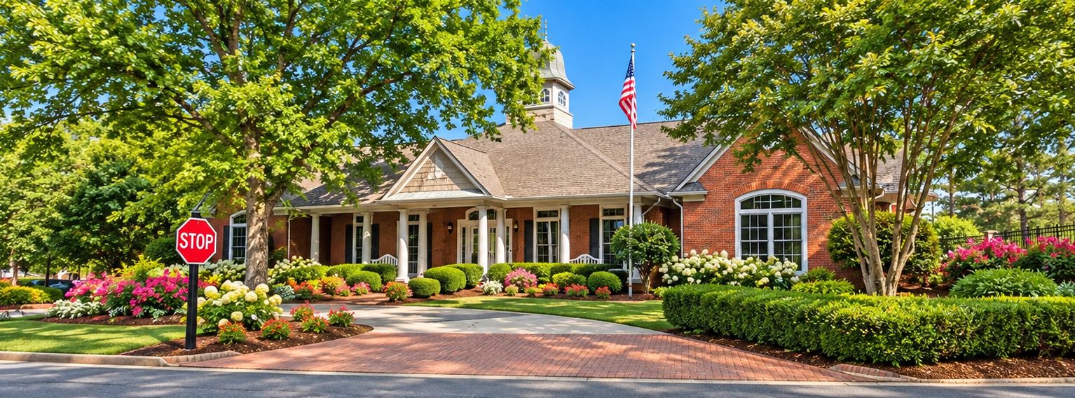 The brick Cambridge clubhouse with its cupola and flagpole, flower beds and a brick drive in front, framed by mature trees