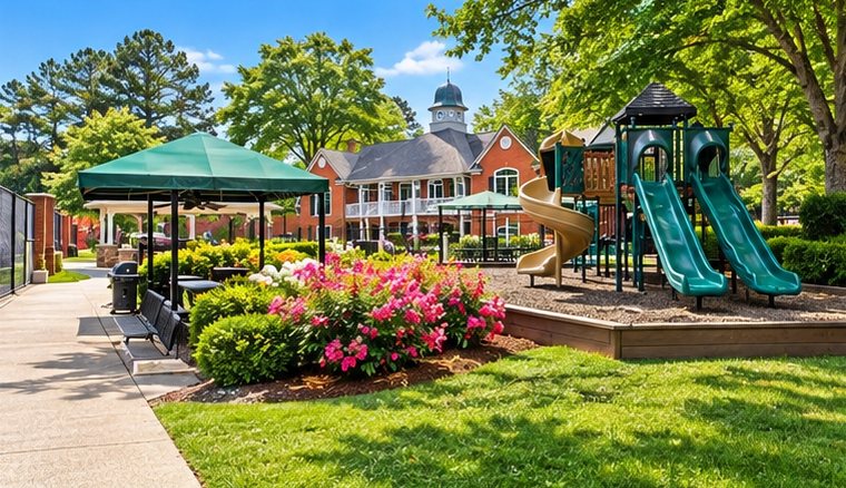 Cambridge playground with green slides, a shade pavilion and the clubhouse in the background