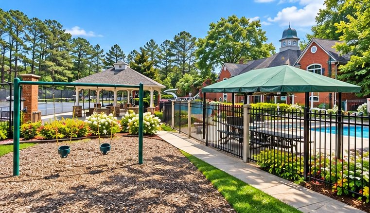 Swings and a gazebo-style pavilion beside the fenced pool area, with the clubhouse beyond