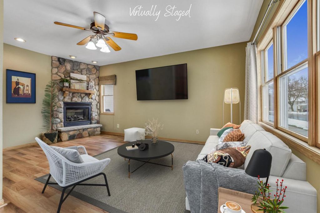 Bright Living Room with Gas Fireplace