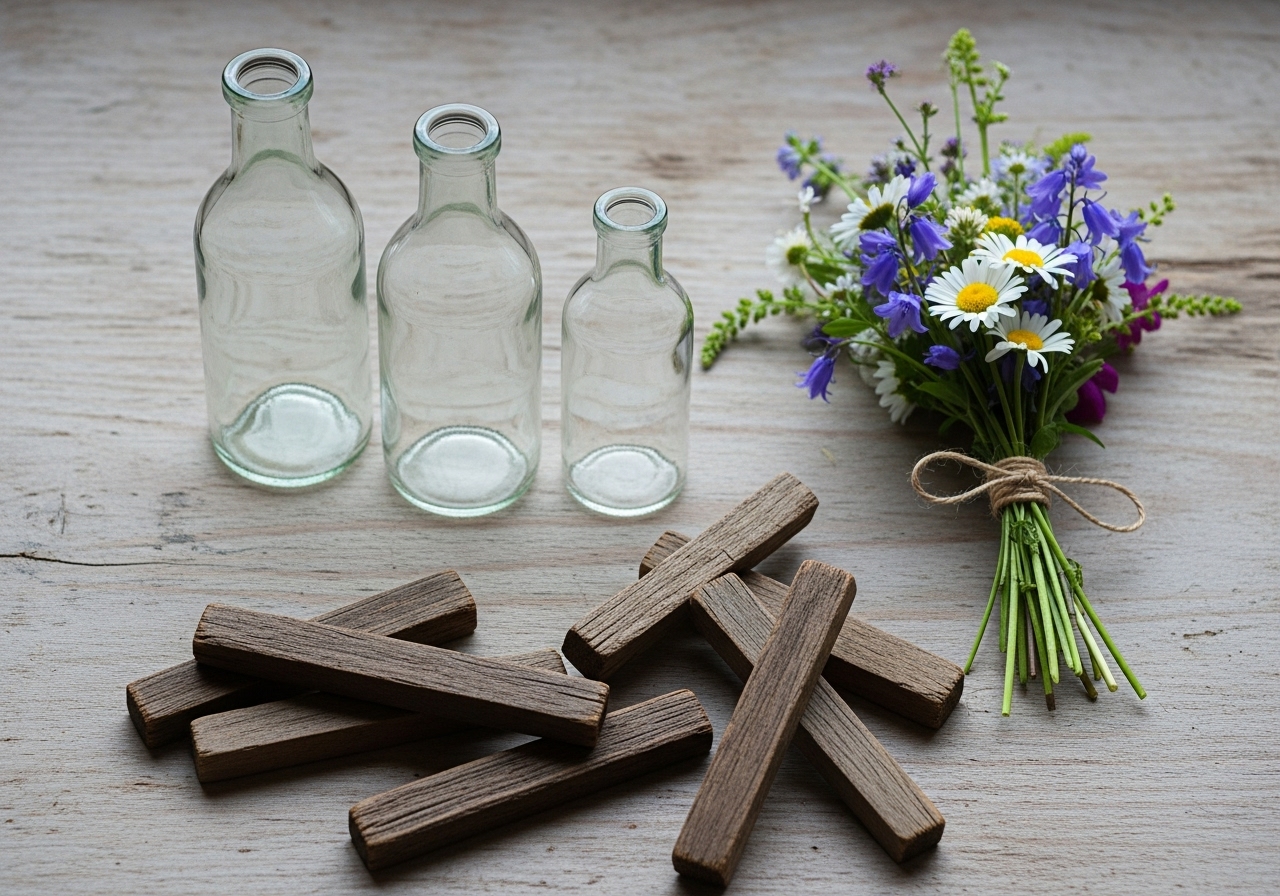 Glass Bottle and Wood Vase